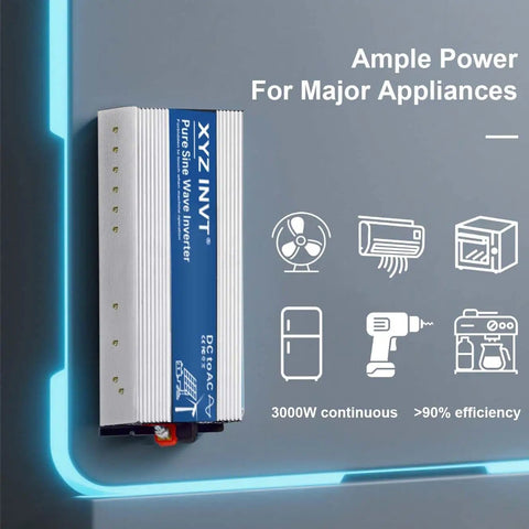 3500W Pure Sine Wave Inverter 48V DC To 110V 120V AC With Dual Outlets, hardwire terminal against blue-lit background