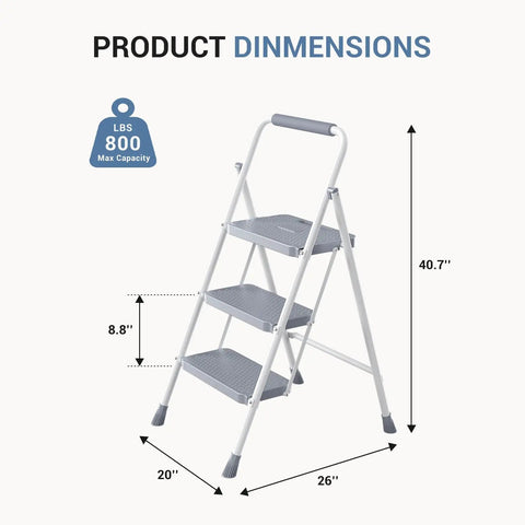 Three Step Stool With Anti Slip Pedals And Comfortable Handrail, Heavy Duty Portable Step Ladder For Kitchen Garage And Outdoor Use, 800 Lb Capacity, Foldable Slim Design, Gray, Easy To Carry shown with dimensions