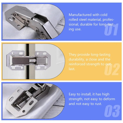 Close-up of a six pack 4 inch thickened metal cabinet door hinge for kitchen and home showing no screw install feature