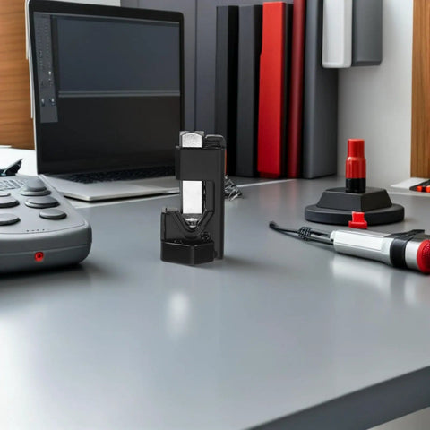 Heavy Duty Hammer Lug Crimping Tool For Automotive Wiring And Industrial Projects on a work desk with laptop and tools.