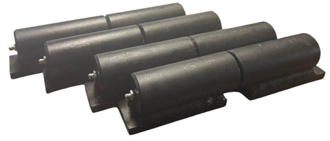 Side view set of four 9-inch weld-on barrel hinges with plates, black steel, 2000 lb capacity each