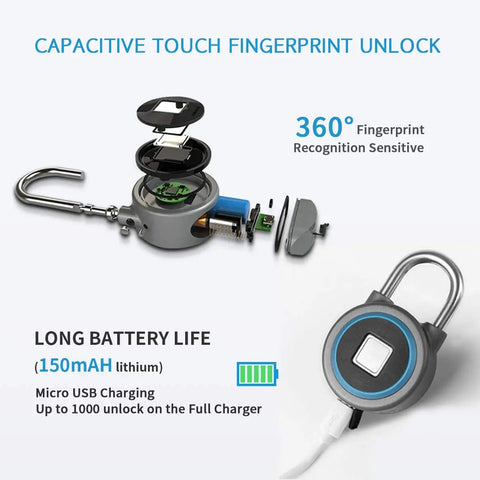 Fingerprint Padlock With USB Rechargeable Battery Thumbprint Lock IP65 Waterproof Ideal For Locker Gate Luggage Suitcase Gym Bag Backpack Wardrobe Bike Office And More In Blue, showing opened lock with internal parts and USB charging.