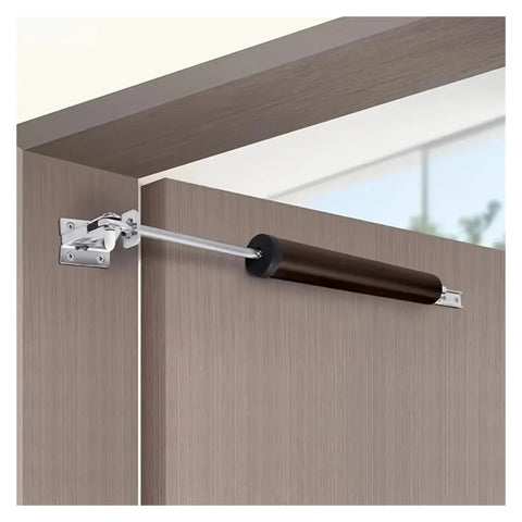 Two Piece Automatic Door Soft Close Kit With 90 Degree Positioning Stop installed on cabinet door