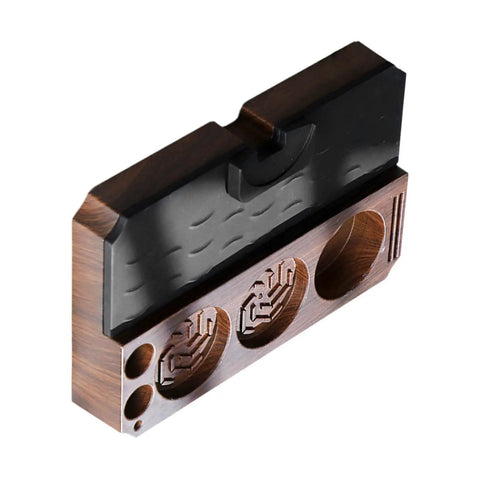 The Legit Non Slip Portafilter Rack And Coffee Distributor Holder Tamper Stand Tool Organizer Tamping Station For Home Barista Espresso Brewing Tools Badass Setup in dark wood with rubber top.