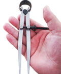Heavy Gauge Adjustable Wing Divider Locking Steel Compass Six Inch Legs held in hand, precise layout tool for various crafts.