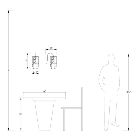 Diagram of Crystal Wall Sconce Set Of 2 Indoor Wall Lamps with dimensions next to a human figure for scale