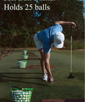 Golfer picking balls next to Golf Ball Basket With Handle Green Ball Bucket Holds Up To 25 Balls For Practice And Training