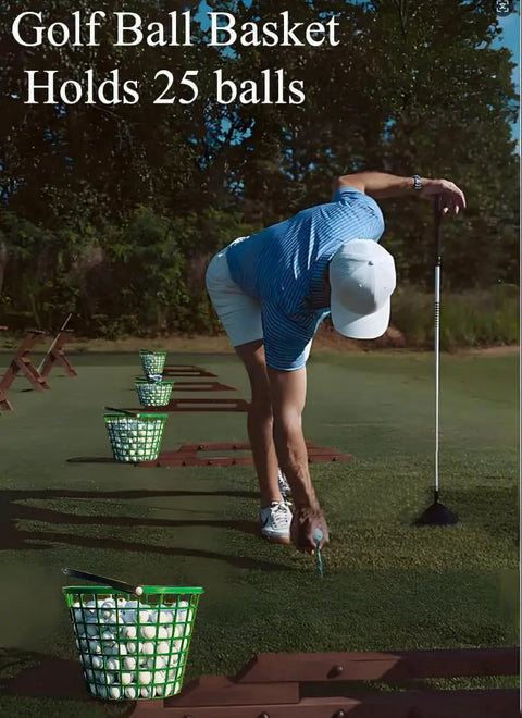 Golfer picking balls next to Golf Ball Basket With Handle Green Ball Bucket Holds Up To 25 Balls For Practice And Training