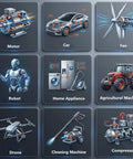 Illustration of various motors, including a car, home appliance, and drone, showcasing innovative technology and design.