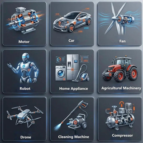Illustration of various motors, including a car, home appliance, and drone, showcasing innovative technology and design.