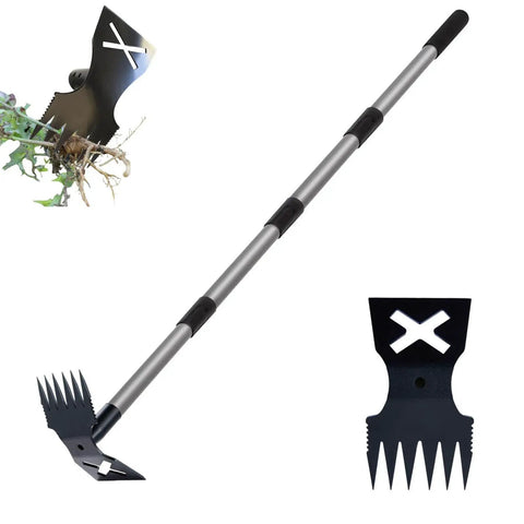 60 Inch Weed Puller With Long Handle, 2 In 1 Weed Rake And Garden Hoe shown with metal tines and adjustable handle