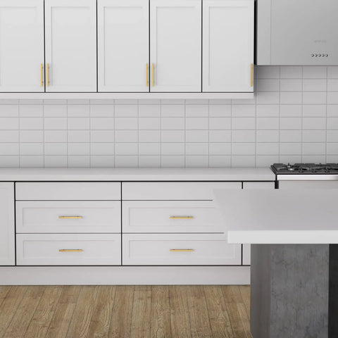 Modern kitchen with 6 Pack Gold Cabinet Handles Brushed Brass 4 Inch Pulls For Drawers Kitchen Hardware on white cabinets