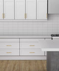 Modern kitchen with 25 Pack Gold Cabinet Handles Pulls For Dresser Drawers And Kitchen Cabinets Door Pulls Brushed Brass Hardware 4 Inch Hole Centers 102mm Center Includes Two Length M4 Screws For Different Thickness Easy Mount on white cabinetry.
