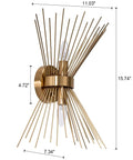 Mid Century Style Wall Sconces With Antique Brass Brush Finish And Starburst Shade, side view showing dimensions, Retro Vibe