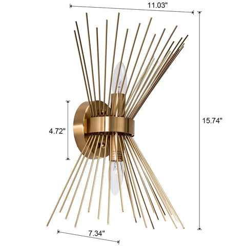 Mid Century Style Wall Sconces With Antique Brass Brush Finish And Starburst Shade, side view showing dimensions, Retro Vibe