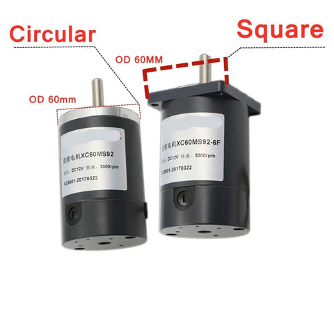 Cool 60Mm DC Motor With Solid 8Mm Shaft Runs Smooth At 12V Or 24V, featuring circular and square designs, 60mm diameter.