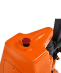 Top view of Rock Solid Fully Electric Pallet Jack showing the stop button on the orange body, designed for heavy indoor storage.