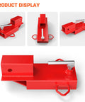 Heavy Duty Universal 2 Inch Forklift Trailer Hitch Adapter With Dead Simple Clamp On Grip For Lightning Fast Pallet Fork Ball Mount Rigging And Zero Fuss Job Site Setup, showing red steel construction and clamp.