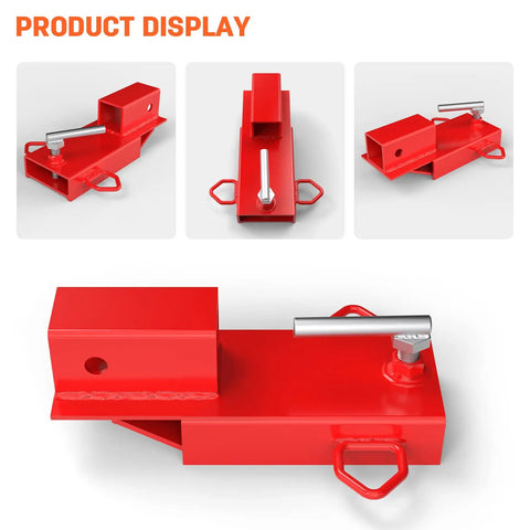 Heavy Duty Universal 2 Inch Forklift Trailer Hitch Adapter With Dead Simple Clamp On Grip For Lightning Fast Pallet Fork Ball Mount Rigging And Zero Fuss Job Site Setup, showing red steel construction and clamp.