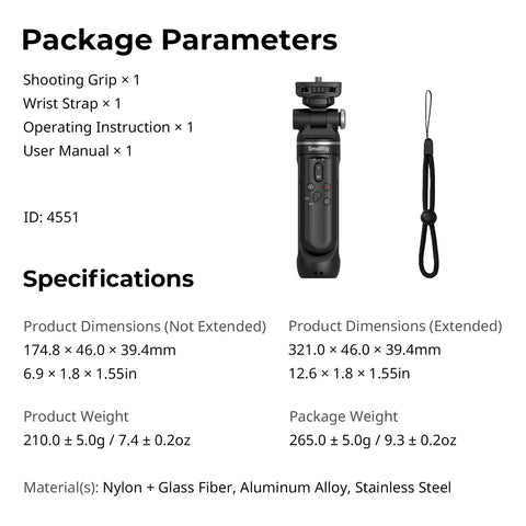 Package contents and specifications for Multifunction Wireless Shooting Grip With Adjustable Selfie Stick And Integrated Remote.
