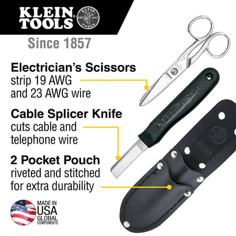 Pro Grade Cable Splicer Kit with Electricians Scissors and Splicer Knife Two Pocket Leather Pouch