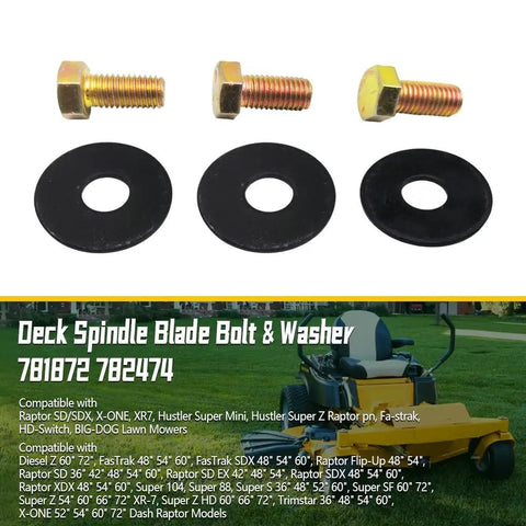 Deck Spindle Bolt Washer Kit For Hustler And Big Dog Mowers Fits Super Z Raptor SD Raptor SDX FasTrak X One XR Seven And Other Deck Spindle Assemblies For Quick Easy Mower Deck Fixes, 3 bolts and black washers