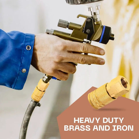 Person using air tool with Female Air Coupler Set One Quarter Inch NPT Quick Connect Plug Kit Ten Pack Brass Finish Durable Iron Core