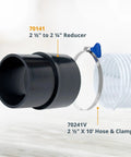 2-1/2 Inch To 2-1/4 Inch Dust Collector Reducer Coupler, ABS Plastic; shown with hose and clamp for dust collection