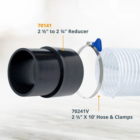 2-1/2 Inch To 2-1/4 Inch Dust Collector Reducer Coupler, ABS Plastic; shown with hose and clamp for dust collection