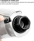 Close-up of filter-equipped air intake port on Compact 90 Degree Air Ratchet Wrench Featuring 1 4 And 3 8 Square Drives, Reversible Pneumatic Impact Tool.