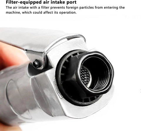 Close-up of filter-equipped air intake port on Compact 90 Degree Air Ratchet Wrench Featuring 1 4 And 3 8 Square Drives, Reversible Pneumatic Impact Tool.