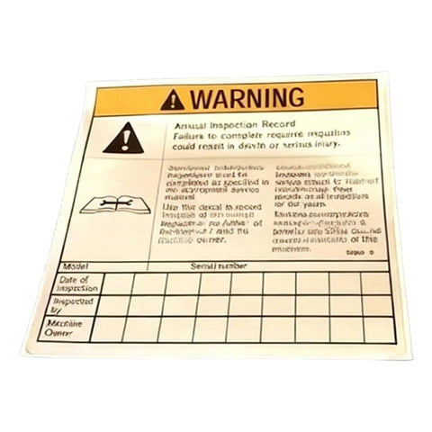 Top Tier 52865GT Annual Inspection Record Decal showing warning and inspection fields for Genie Telescopic Boom Lift use.
