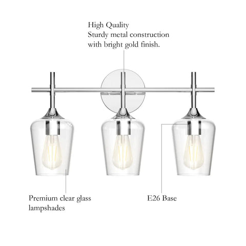 Dope Vintage 3 Light Vanity Fixture With Industrial Chrome Finish Over Mirror Bath Light With Clear Glass Shades Wall Mount Bathroom Lighting E26 Socket Compatible Modern Rustic Style