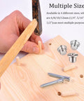 Person aligning wood with 48 Piece Metal Dowel Center Pins Set for Pro Grade Woodworking, showing four chromed sizes.