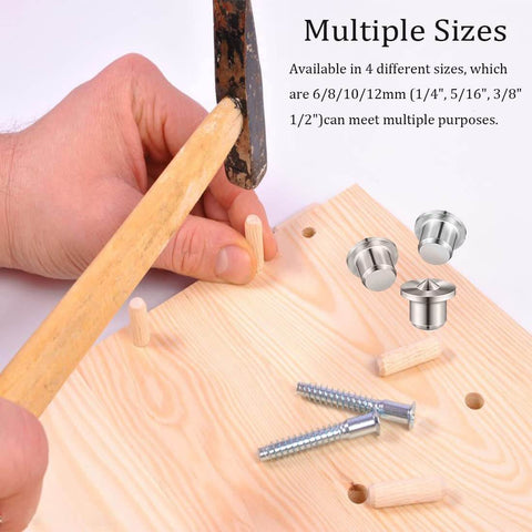 Person aligning wood with 48 Piece Metal Dowel Center Pins Set for Pro Grade Woodworking, showing four chromed sizes.