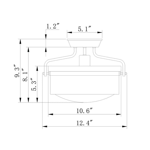 Technical drawing of Dope Matte Black 1 Light Semi Flush Ceiling Lamp With Glass Shade Modern Flush Mount Fixture.
