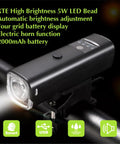 1200 Lumen Bike Lights Front And Back With USB Rechargeable Battery LED Bicycle Lights Headlights And Taillights With Electric Horn Auto Dimming And 4 Plus 4 Lighting Modes Perfect For Kids And Adults Night Rides And Emergencies showing XTE high brightness LED, auto brightness adjustment, and horn function.