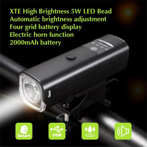 1200 Lumen Bike Lights Front And Back With USB Rechargeable Battery LED Bicycle Lights Headlights And Taillights With Electric Horn Auto Dimming And 4 Plus 4 Lighting Modes Perfect For Kids And Adults Night Rides And Emergencies showing XTE high brightness LED, auto brightness adjustment, and horn function.