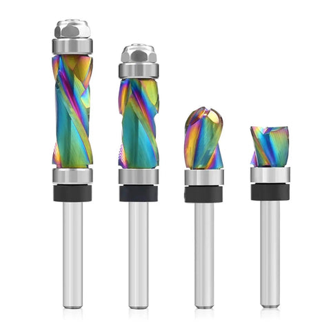 Top Tier Solid Carbide Trim Bit With 1/4 Inch Shank For Precision Woodworking CNC Router Carving Jobs Fits Most Engraving Machines Like A Champ! colorful solid carbide trim bits with varying sizes.