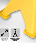 Close-up of yellow 3-ton car jack stand with large square foot base; pair