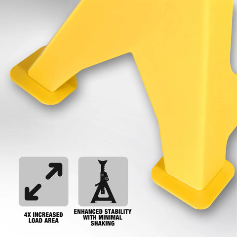Close-up of yellow 3-ton car jack stand with large square foot base; pair