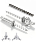 Close-up of Tri Fold Pop Rivets One Eighth Inch By Half Inch, 100 Pack High Grip Exploding Bulb Blind Rivets, aluminum body, steel mandrel, drill bit