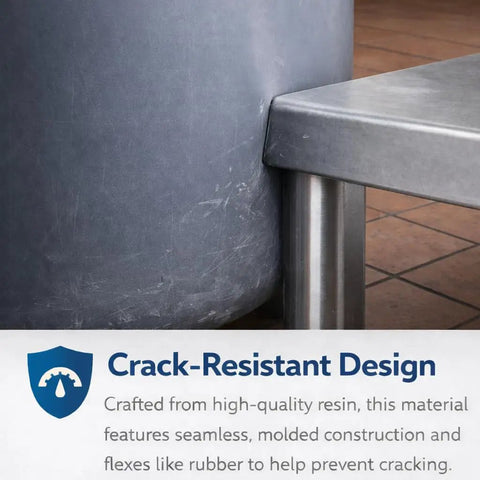Close-up of 55 Gallon Black Round Commercial Trash Can With Lid And Dolly Built Tough Heavy Duty Food Grade NSF Certified Perfect For Restaurant Office School Garage Backyard Workshop Warehouse Durable Nesting Design next to metal table.