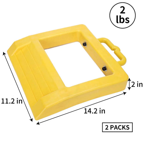 Professional Grade Solid As A Rock Heavy Duty Pallet Jack Stopper And Truck Chock Two Pack Yellow Trailer Wheel Block with handle