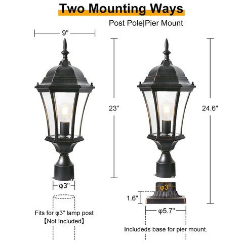 Cast Aluminum Outdoor Post Light 24 Inch With 3 Inch Pier Mount Bronze Exterior Seeded Glass shown with dimensions and mounting options.