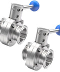 Sanitary butterfly valves, front view: two 1.5-inch stainless steel valves with blue pull-handles and tri-clamp ends.