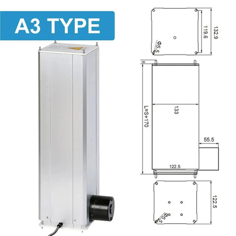 Powerful Beefed-Up Electric Linear Actuator, A3 type with remote control, showcasing dimensions and compact design for precise lifting.