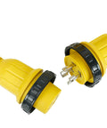 Beefy 25 Ft 30 Amp 125V RV Power Cord Marine Grade Yellow L5-30P To L5-30R plug ends showing locking mechanism