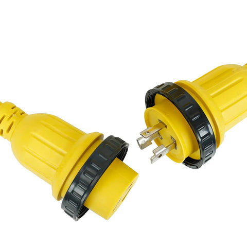 Beefy 25 Ft 30 Amp 125V RV Power Cord Marine Grade Yellow L5-30P To L5-30R plug ends showing locking mechanism