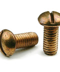 Slotted Round Head Machine Screws Size Ten To Thirty Two Five Eighths Inch Copper Silicon Bronze Pack Of 25 Pro Grade Marine Grade Saltwater Ready Fasteners Built To Last Slotted Drive For Flathead Or Slotted Screwdrivers, close-up view of two screws